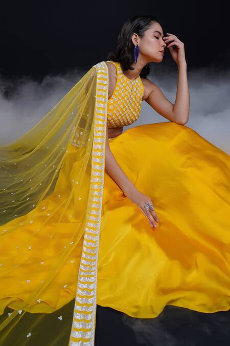 Shop Ashutosh Joshi Yellow Net, Crepe, Bamboo Embroidery Round Neck Prakruti Hand Lehenga Set Online at Aza Fashions Shop_Ashutosh Joshi_Yellow Net, Crepe, Bamboo Embroidery Round Neck Prakruti Hand Lehenga Set _Online_at_Aza_Fashions