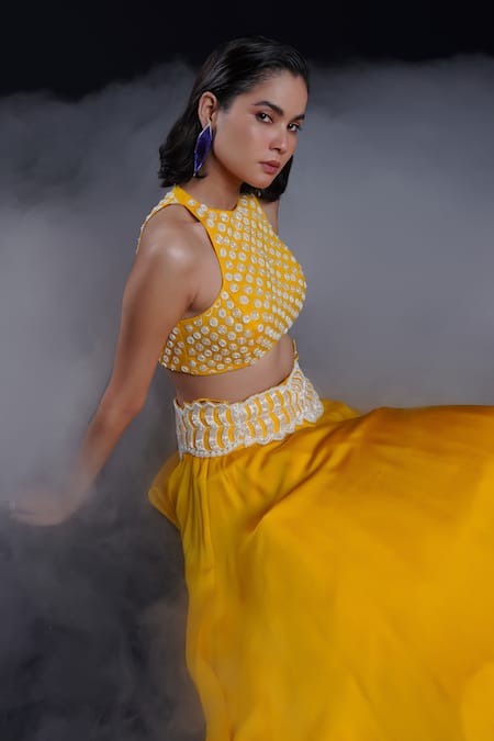 Ashutosh Joshi Yellow Net, Crepe, Bamboo Embroidery Round Neck Prakruti Hand Lehenga Set at Aza Fashions Ashutosh Joshi_Yellow Net, Crepe, Bamboo Embroidery Round Neck Prakruti Hand Lehenga Set _at_Aza_Fashions