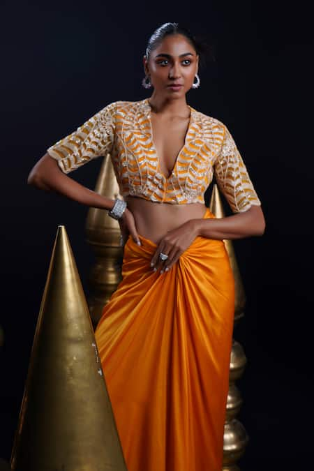 ASHUTOSH JOSHI Orange Bemberg Satin Hand Embroidered Resham Aarya Blouse And Knot Skirt 