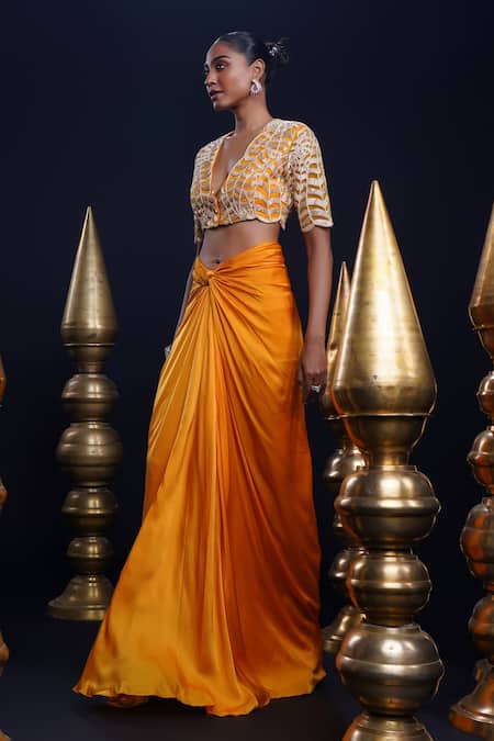 Shop_Ashutosh Joshi_Orange Net, Crepe Embroidery Scoop Neck Aarya Hand Blouse And Knot Skirt _at_Aza_Fashions