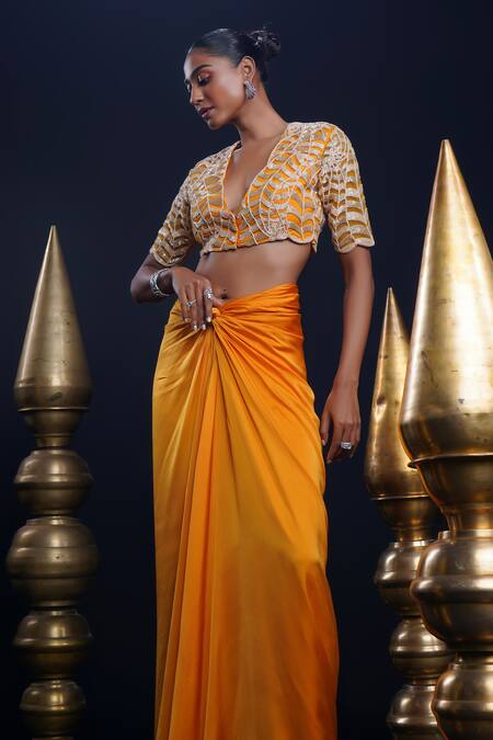 Ashutosh Joshi_Orange Net, Crepe Embroidery Scoop Neck Aarya Hand Blouse And Knot Skirt _Online_at_Aza_Fashions