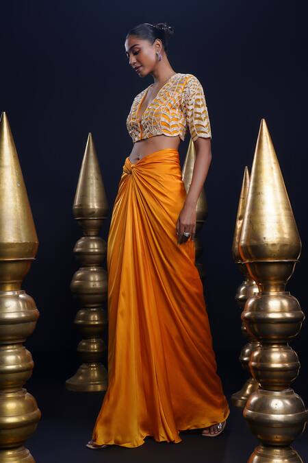 Shop_Ashutosh Joshi_Orange Net, Crepe Embroidery Scoop Neck Aarya Hand Blouse And Knot Skirt _Online_at_Aza_Fashions