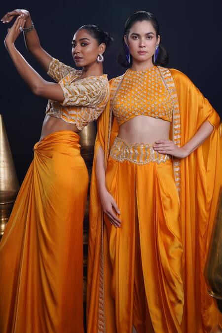 Ashutosh Joshi_Orange Net, Crepe Embroidery Scoop Neck Aarya Hand Blouse And Knot Skirt _at_Aza_Fashions
