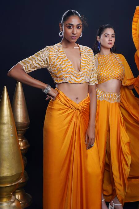 Buy_Ashutosh Joshi_Orange Net, Crepe Embroidery Scoop Neck Aarya Hand Blouse And Knot Skirt 