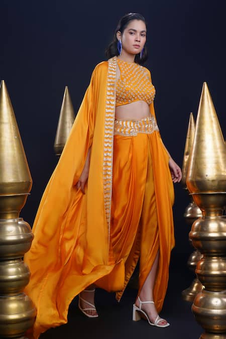 Shop Ashutosh Joshi Orange Net, Crepe, Bamboo Sequins, Embroidery Round Neck Hand Dhoti Pant Set at Aza Fashions Shop_Ashutosh Joshi_Orange Net, Crepe, Bamboo Sequins, Embroidery Round Neck Hand Dhoti Pant Set _at_Aza_Fashions