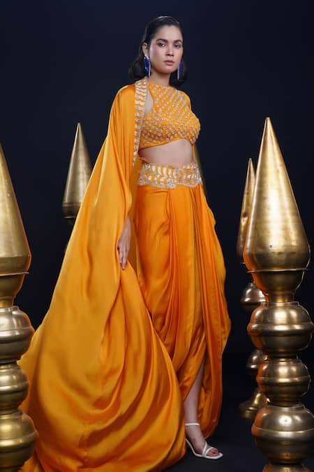 Buy Ashutosh Joshi Orange Net, Crepe, Bamboo Sequins, Embroidery Round Neck Hand Dhoti Pant Set Online at Aza Fashions Buy_Ashutosh Joshi_Orange Net, Crepe, Bamboo Sequins, Embroidery Round Neck Hand Dhoti Pant Set _Online_at_Aza_Fashions