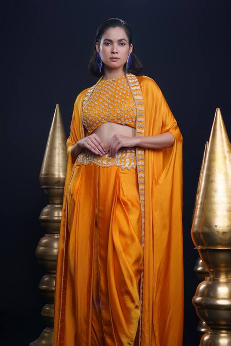Shop Ashutosh Joshi Orange Net, Crepe, Bamboo Sequins, Embroidery Round Neck Hand Dhoti Pant Set Online at Aza Fashions Shop_Ashutosh Joshi_Orange Net, Crepe, Bamboo Sequins, Embroidery Round Neck Hand Dhoti Pant Set _Online_at_Aza_Fashions