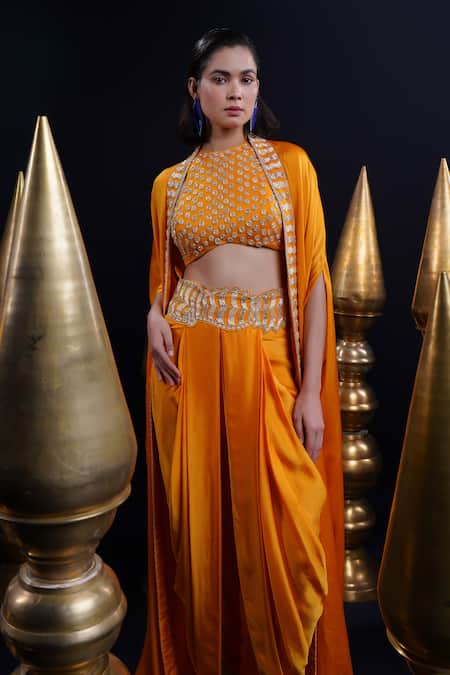 Ashutosh Joshi Orange Net, Crepe, Bamboo Sequins, Embroidery Round Neck Hand Dhoti Pant Set at Aza Fashions Ashutosh Joshi_Orange Net, Crepe, Bamboo Sequins, Embroidery Round Neck Hand Dhoti Pant Set _at_Aza_Fashions