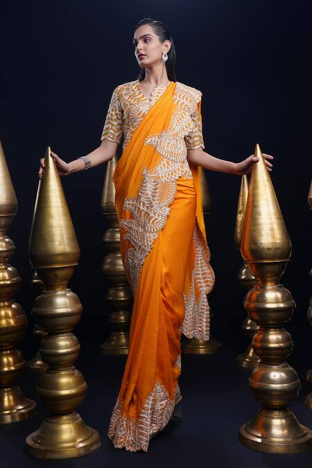 Ashutosh Joshi_Orange Silk, Net, Crepe Sequins, Embroidery V-neck Pushti Hand Saree Set _Online_at_Aza_Fashions