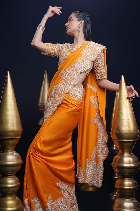 Buy_Ashutosh Joshi_Orange Silk, Net, Crepe Sequins, Embroidery V-neck Pushti Hand Saree Set _Online_at_Aza_Fashions