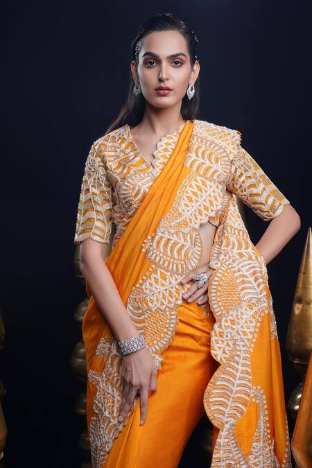 Shop_Ashutosh Joshi_Orange Silk, Net, Crepe Sequins, Embroidery V-neck Pushti Hand Saree Set _Online_at_Aza_Fashions