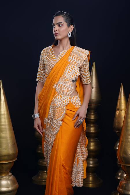 Ashutosh Joshi_Orange Silk, Net, Crepe Sequins, Embroidery V-neck Pushti Hand Saree Set _at_Aza_Fashions