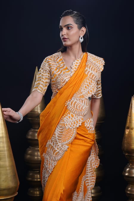Buy_Ashutosh Joshi_Orange Silk, Net, Crepe Sequins, Embroidery V-neck Pushti Hand Saree Set 