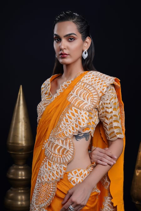 Shop_Ashutosh Joshi_Orange Silk, Net, Crepe Sequins, Embroidery V-neck Pushti Hand Saree Set 