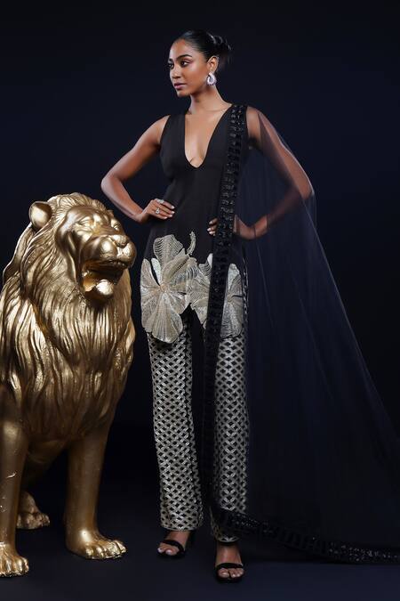 Ashutosh Joshi Black Silk, Crepe, Net Embroidery, Beads Vikruti Hand Kurta Cigarette Pant Set Online at Aza Fashions Ashutosh Joshi_Black Silk, Crepe, Net Embroidery, Beads Vikruti Hand Kurta Cigarette Pant Set _Online_at_Aza_Fashions