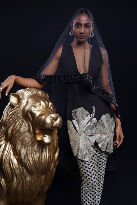 Shop Ashutosh Joshi Black Silk, Crepe, Net Embroidery, Beads Vikruti Hand Kurta Cigarette Pant Set Online at Aza Fashions Shop_Ashutosh Joshi_Black Silk, Crepe, Net Embroidery, Beads Vikruti Hand Kurta Cigarette Pant Set _Online_at_Aza_Fashions