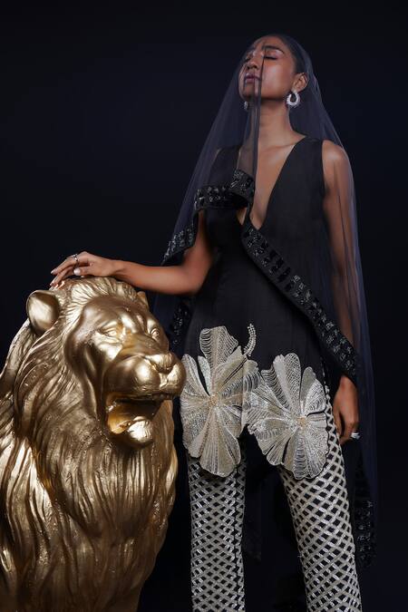 Ashutosh Joshi Black Silk, Crepe, Net Embroidery, Beads Vikruti Hand Kurta Cigarette Pant Set at Aza Fashions Ashutosh Joshi_Black Silk, Crepe, Net Embroidery, Beads Vikruti Hand Kurta Cigarette Pant Set _at_Aza_Fashions