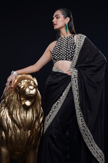 Shop Ashutosh Joshi Black Silk, Net, Crepe Sequins, Piping, Embroidery, Amrutha Hand Saree Set at Aza Fashions Shop_Ashutosh Joshi_Black Silk, Net, Crepe Sequins, Piping, Embroidery, Amrutha Hand Saree Set _at_Aza_Fashions