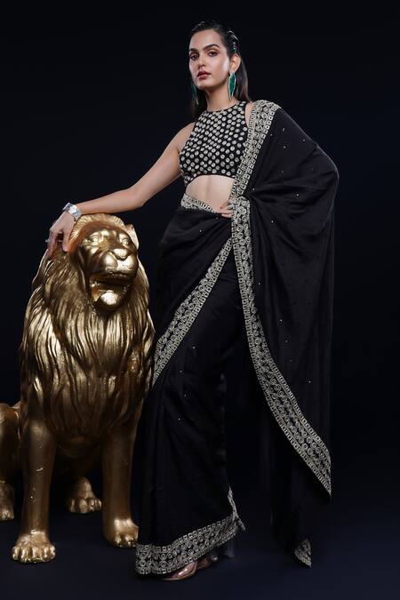 Ashutosh Joshi Black Silk, Net, Crepe Sequins, Piping, Embroidery, Amrutha Hand Saree Set Online at Aza Fashions Ashutosh Joshi_Black Silk, Net, Crepe Sequins, Piping, Embroidery, Amrutha Hand Saree Set _Online_at_Aza_Fashions
