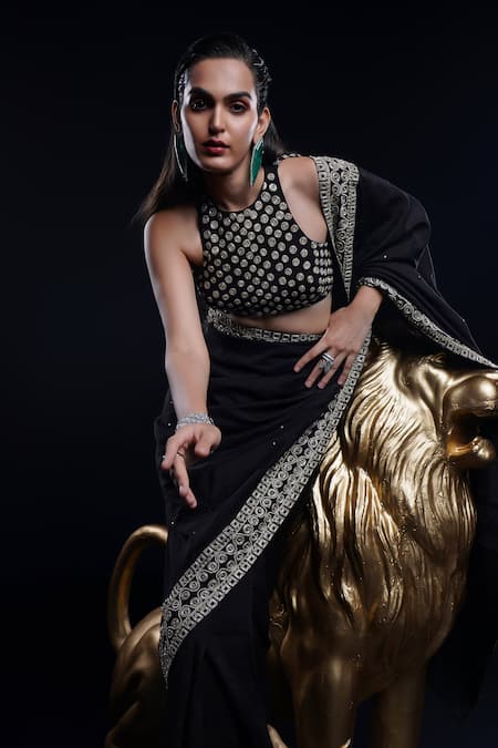 Shop Ashutosh Joshi Black Silk, Net, Crepe Sequins, Piping, Embroidery, Amrutha Hand Saree Set Online at Aza Fashions Shop_Ashutosh Joshi_Black Silk, Net, Crepe Sequins, Piping, Embroidery, Amrutha Hand Saree Set _Online_at_Aza_Fashions