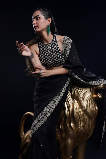 Ashutosh Joshi Black Silk, Net, Crepe Sequins, Piping, Embroidery, Amrutha Hand Saree Set at Aza Fashions Ashutosh Joshi_Black Silk, Net, Crepe Sequins, Piping, Embroidery, Amrutha Hand Saree Set _at_Aza_Fashions