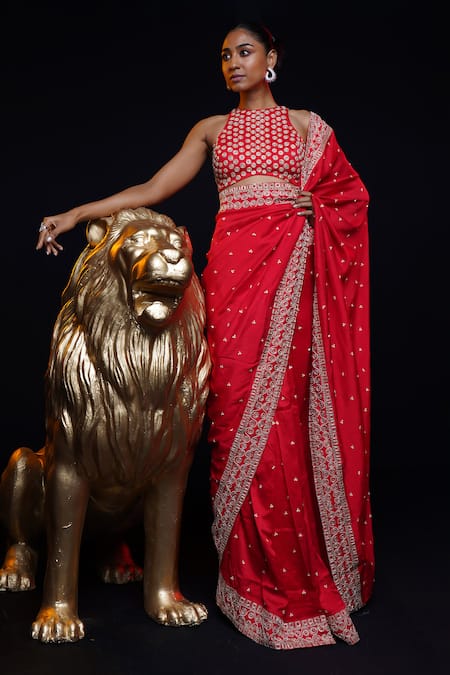 Shop Ashutosh Joshi Red Silk, Net, Crepe Embroidery Round Neck Junoon Hand Saree Set at Aza Fashions Shop_Ashutosh Joshi_Red Silk, Net, Crepe Embroidery Round Neck Junoon Hand Saree Set _at_Aza_Fashions