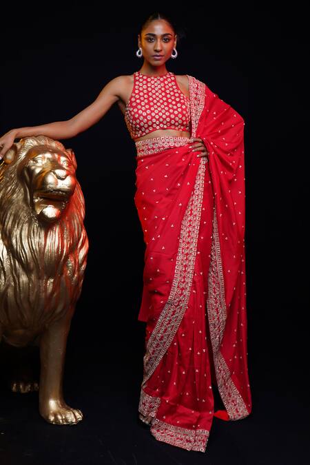 Buy Ashutosh Joshi Red Silk, Net, Crepe Embroidery Round Neck Junoon Hand Saree Set Online at Aza Fashions Buy_Ashutosh Joshi_Red Silk, Net, Crepe Embroidery Round Neck Junoon Hand Saree Set _Online_at_Aza_Fashions