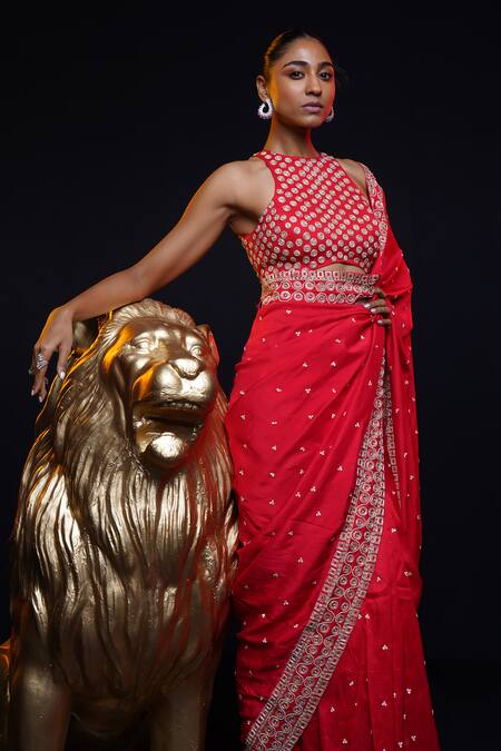 Shop_Ashutosh Joshi_Red Silk, Net, Crepe Embroidery Round Neck Junoon Hand Saree Set _Online_at_Aza_Fashions