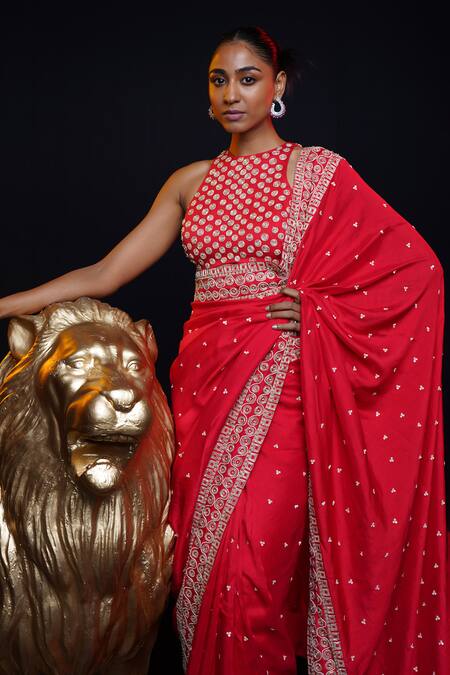 Ashutosh Joshi_Red Silk, Net, Crepe Embroidery Round Neck Junoon Hand Saree Set _at_Aza_Fashions