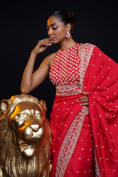 Buy_Ashutosh Joshi_Red Silk, Net, Crepe Embroidery Round Neck Junoon Hand Saree Set 