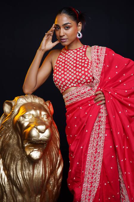 Shop_Ashutosh Joshi_Red Silk, Net, Crepe Embroidery Round Neck Junoon Hand Saree Set 