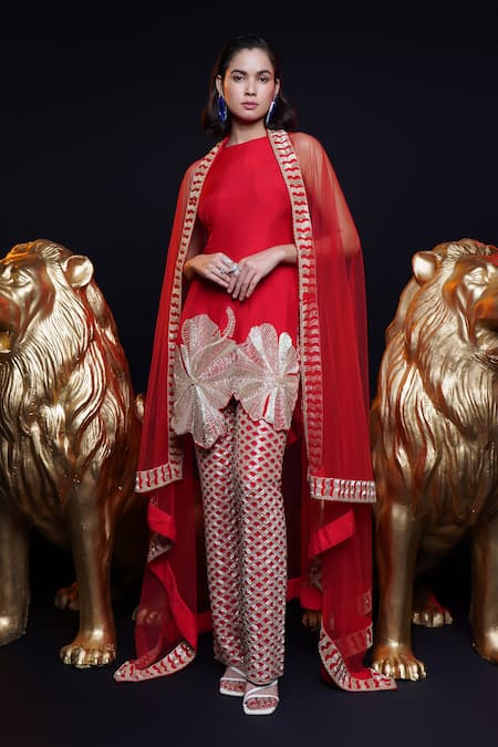 Shop Ashutosh Joshi Red Silk, Net, Crepe Embroidery, Beads Saeeen Hand Kurta Cigarette Pant Set at Aza Fashions Shop_Ashutosh Joshi_Red Silk, Net, Crepe Embroidery, Beads Saeeen Hand Kurta Cigarette Pant Set _at_Aza_Fashions