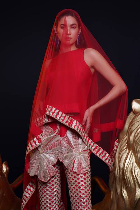 Buy Ashutosh Joshi Red Silk, Net, Crepe Embroidery, Beads Saeeen Hand Kurta Cigarette Pant Set Online at Aza Fashions Buy_Ashutosh Joshi_Red Silk, Net, Crepe Embroidery, Beads Saeeen Hand Kurta Cigarette Pant Set _Online_at_Aza_Fashions