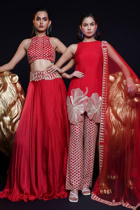 Ashutosh Joshi Red Silk, Net, Crepe Embroidery, Beads Saeeen Hand Kurta Cigarette Pant Set at Aza Fashions Ashutosh Joshi_Red Silk, Net, Crepe Embroidery, Beads Saeeen Hand Kurta Cigarette Pant Set _at_Aza_Fashions