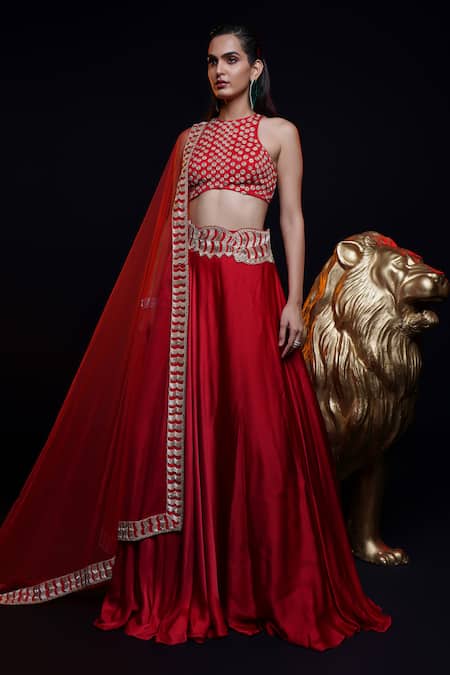 Shop Ashutosh Joshi Red Net, Crepe, Bamboo Embroidery Round Neck Amrita Hand Lehenga Set at Aza Fashions Shop_Ashutosh Joshi_Red Net, Crepe, Bamboo Embroidery Round Neck Amrita Hand Lehenga Set _at_Aza_Fashions