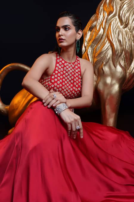 Buy Ashutosh Joshi Red Net, Crepe, Bamboo Embroidery Round Neck Amrita Hand Lehenga Set Online at Aza Fashions Buy_Ashutosh Joshi_Red Net, Crepe, Bamboo Embroidery Round Neck Amrita Hand Lehenga Set _Online_at_Aza_Fashions