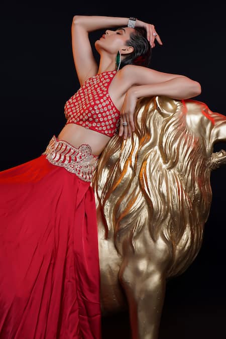 Shop Ashutosh Joshi Red Net, Crepe, Bamboo Embroidery Round Neck Amrita Hand Lehenga Set Online at Aza Fashions Shop_Ashutosh Joshi_Red Net, Crepe, Bamboo Embroidery Round Neck Amrita Hand Lehenga Set _Online_at_Aza_Fashions