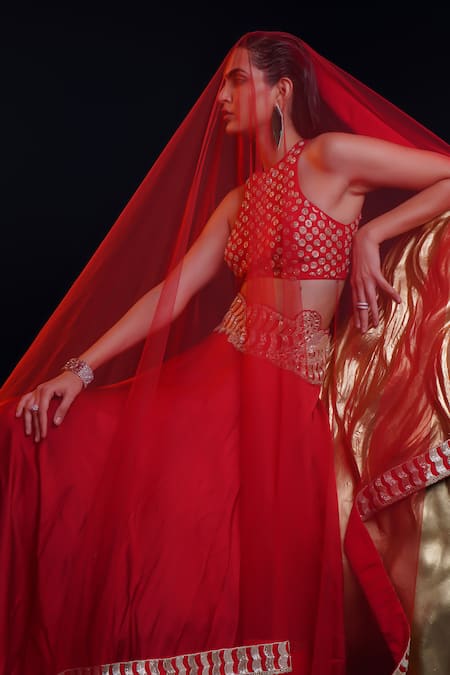 Ashutosh Joshi Red Net, Crepe, Bamboo Embroidery Round Neck Amrita Hand Lehenga Set at Aza Fashions Ashutosh Joshi_Red Net, Crepe, Bamboo Embroidery Round Neck Amrita Hand Lehenga Set _at_Aza_Fashions