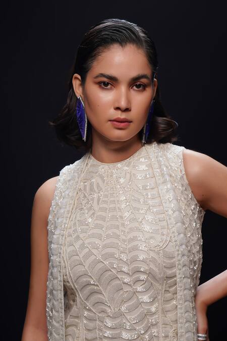 Ashutosh Joshi Ivory Net, Crepe Beads, Embroidery Round Neck, Anagha Hand Dress With Jacket Online at Aza Fashions Ashutosh Joshi_Ivory Net, Crepe Beads, Embroidery Round Neck, Anagha Hand Dress With Jacket _Online_at_Aza_Fashions