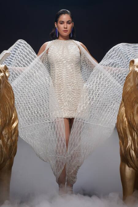 Ashutosh Joshi Ivory Net, Crepe Beads, Embroidery Round Neck, Anagha Hand Dress With Jacket at Aza Fashions Ashutosh Joshi_Ivory Net, Crepe Beads, Embroidery Round Neck, Anagha Hand Dress With Jacket _at_Aza_Fashions