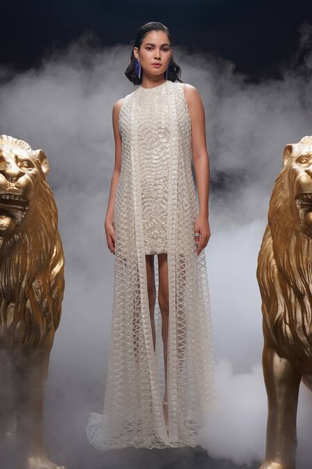 Buy Ashutosh Joshi Ivory Net, Crepe Beads, Embroidery Round Neck, Anagha Hand Dress With Jacket Buy_Ashutosh Joshi_Ivory Net, Crepe Beads, Embroidery Round Neck, Anagha Hand Dress With Jacket