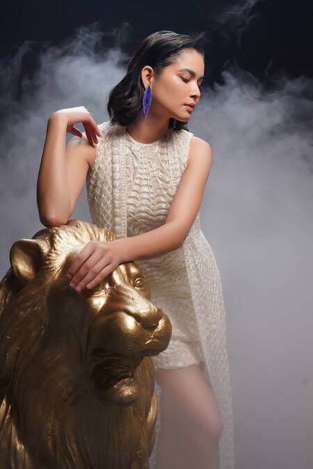 Shop Ashutosh Joshi Ivory Net, Crepe Beads, Embroidery Round Neck, Anagha Hand Dress With Jacket Shop_Ashutosh Joshi_Ivory Net, Crepe Beads, Embroidery Round Neck, Anagha Hand Dress With Jacket