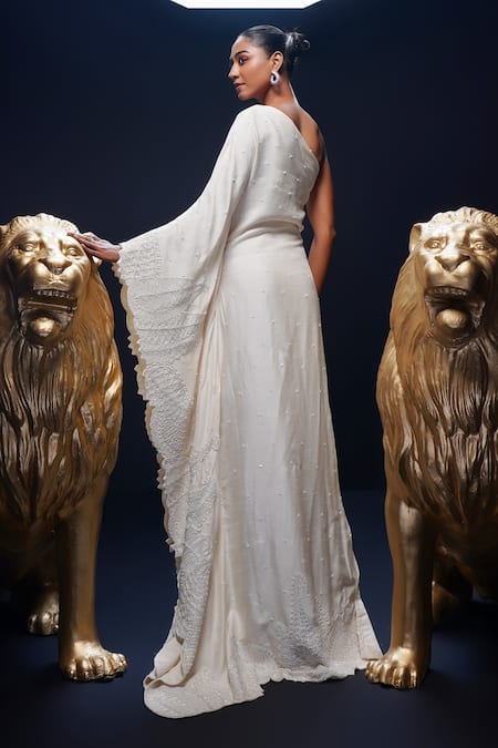 Shop_Ashutosh Joshi_Ivory Silk, Net Embroidery One Shoulder Sudha Hand Kaftan _at_Aza_Fashions