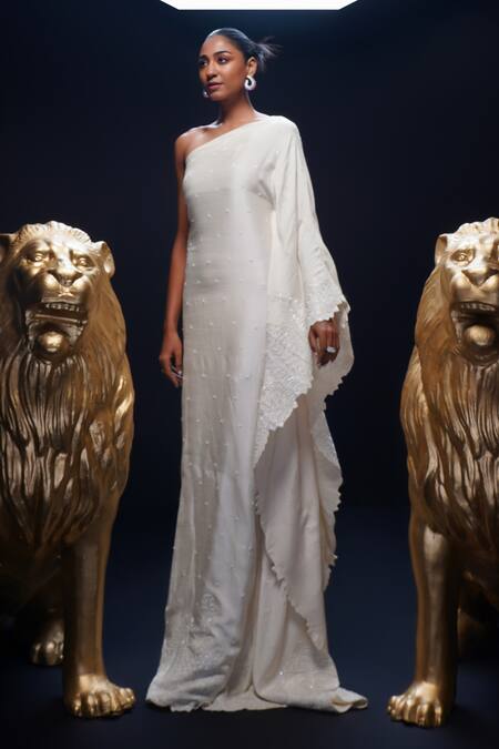 Ashutosh Joshi_Ivory Silk, Net Embroidery One Shoulder Sudha Hand Kaftan _Online_at_Aza_Fashions