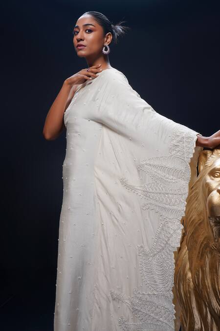 Buy_Ashutosh Joshi_Ivory Silk, Net Embroidery One Shoulder Sudha Hand Kaftan _Online_at_Aza_Fashions