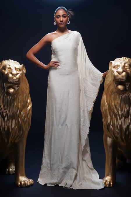 Shop_Ashutosh Joshi_Ivory Silk, Net Embroidery One Shoulder Sudha Hand Kaftan _Online_at_Aza_Fashions
