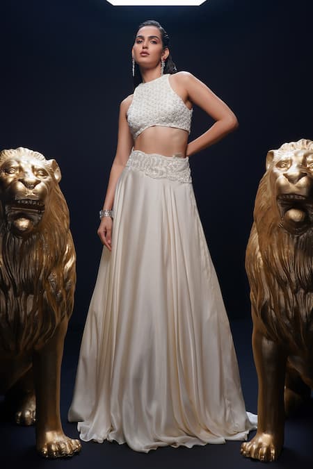 Shop Ashutosh Joshi Ivory Crepe, Net, Bamboo Embroidery, Beads Round Neck Surabhi Hand Lehenga Set at Aza Fashions Shop_Ashutosh Joshi_Ivory Crepe, Net, Bamboo Embroidery, Beads Round Neck Surabhi Hand Lehenga Set _at_Aza_Fashions