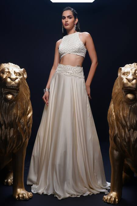 Buy Ashutosh Joshi Ivory Crepe, Net, Bamboo Embroidery, Beads Round Neck Surabhi Hand Lehenga Set Online at Aza Fashions Buy_Ashutosh Joshi_Ivory Crepe, Net, Bamboo Embroidery, Beads Round Neck Surabhi Hand Lehenga Set _Online_at_Aza_Fashions