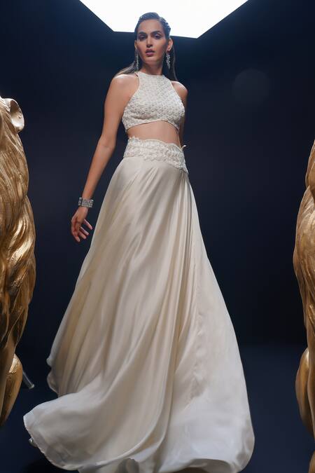 Ashutosh Joshi Ivory Crepe, Net, Bamboo Embroidery, Beads Round Neck Surabhi Hand Lehenga Set at Aza Fashions Ashutosh Joshi_Ivory Crepe, Net, Bamboo Embroidery, Beads Round Neck Surabhi Hand Lehenga Set _at_Aza_Fashions