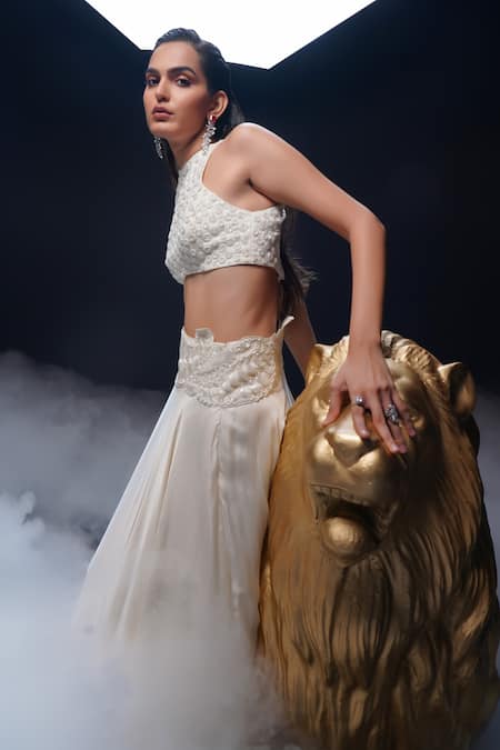 Buy Ashutosh Joshi Ivory Crepe, Net, Bamboo Embroidery, Beads Round Neck Surabhi Hand Lehenga Set Buy_Ashutosh Joshi_Ivory Crepe, Net, Bamboo Embroidery, Beads Round Neck Surabhi Hand Lehenga Set